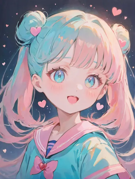 pastel drawing of a girl in a kawaii style, winks, sailor moon, cyberpunk, cute anime style, hearts, soft, colorful, delicate, expressive, textured, sharp, soft blue cyan and pink, pearlescent,