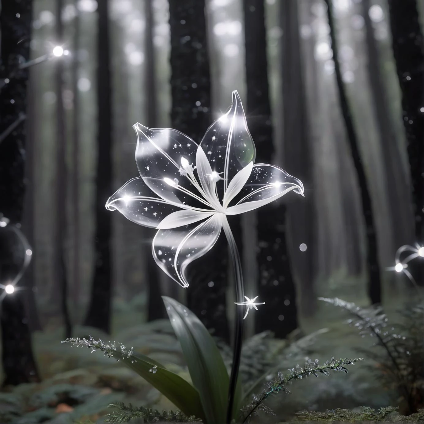 c0nst3llation, a transparent crystal lily made out of constellation style and signs with stars, bokeh black and white forest backdrop <lora:sdxl\c0nst3llation> <lora:sdxl\xl_more_art-full_v1:0.4>