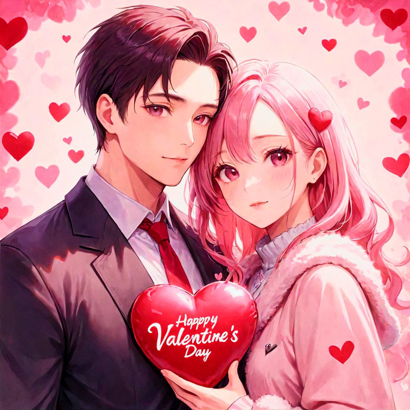 An attractive couple poses lovingly for a Valentine's day themed photo shoot together. The man is exceptionally handsome, and the woman is exquisitely beautiful. Both the people, and their surroundings, are extremely detailed, high resolution, crisp, in focus <lora:Harrlogos_v2.0:0.8> (Valentine text logo:1.2), pink.