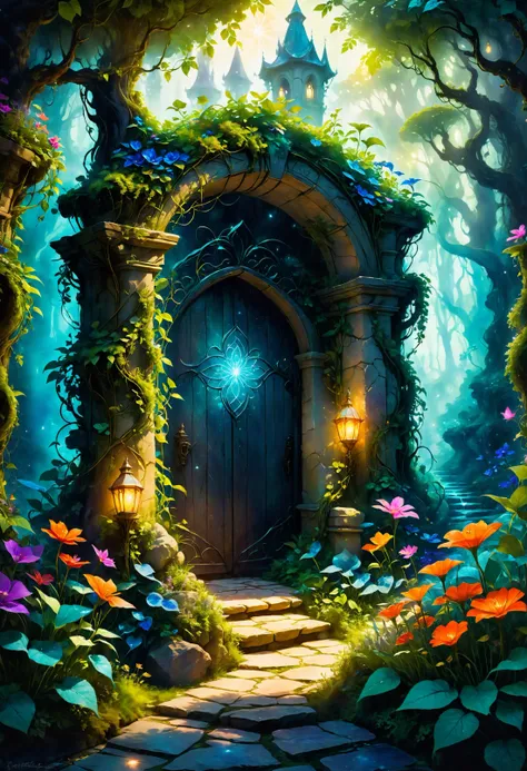Fairy tale A big magical stonegate to a secret garden, hidden behind vines and flowers within an enchanted forest, where every glowing flower and glowing herb holds magical properties, fantasy creatures defend this sacred place from those who would misuse its power, the fantasy scene is captured in dimly lit, dark fantasy but vibrant colors with bold ink lines defining form against the watercolor wash of the aged paper, <lora:add-detail-xl:0.6>, <lora:- SDXL - vanta-black_contrast_V3.0:0.6>, <lora:SDXLFaeTastic2400:0.6> . Magical, fantastical, enchanting, storybook style, highly detailed