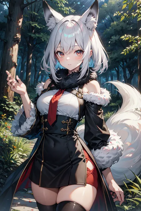 fox_girl, furry, forest, looking at viewer, white fur, 1fox_tail, black fox ears, hdr, highres, best quality, masterpiece, thighhighs,
