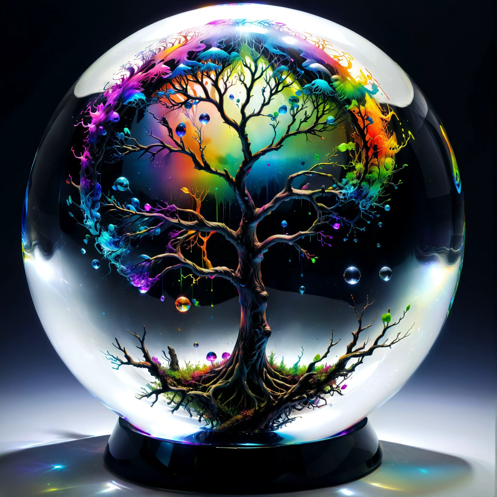 Detailed rainbow tree captured inside a crystal ball, UV-reactive, black light art concept by Waterhouse, Carne Griffiths, Minjae Lee, Ana Paula Hoppe, Stylized florescent art, Intricate, Complex contrast, HDR <lora:sdxl_glass:1> <lora:sdxl\xl_more_art-full_v1>