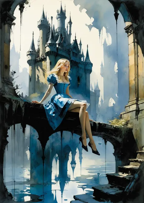 Alice in Wonderland, 1 woman , blonde straight hair serious stocking sit while floating in the air shadow dark pokers castle Detailed Gothic Dreamlike Fantas
  impression  , watercolor painting 
by John Berkey and Jeremy Mann 
brush strokes, negative space,