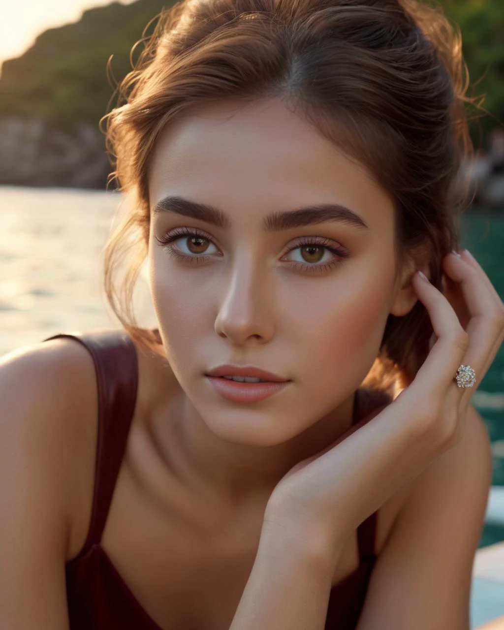 (Zaylee from Palestine, 18 year old, (classic length:1.2) Beehive, [red:brunette:0.3] hair), thin figure, tiny breasts, unaligned breasts, (Burgundy leather gloves), Slingbacks shoes, Surprised, (Tropical) island, (Crystal-clear) water, (Relaxing) vibe, at golden hour, shallow depth of field, highly detailed, high budget Hollywood film, epic, gorgeous, hyperdetailed, hyperrealistic, 4k, 8k, professional, perfect eyes, perfect face, perfect hands, detailed hands, hand with five fingers, perfect feet, 8k, complex scene, 8k uhd, hyperdetailed photography, (sharp focus), (realistic matte skin, realistic texture skin, realistic eyes), (skin texture visible:1.5), (high quality), highly detailed, epic, gorgeous, photorealism, (perfect real extremely details), amazing fine detail, absurdres, hyper realistic lifelike texture, rule of thirds, 8k uhd, dslr