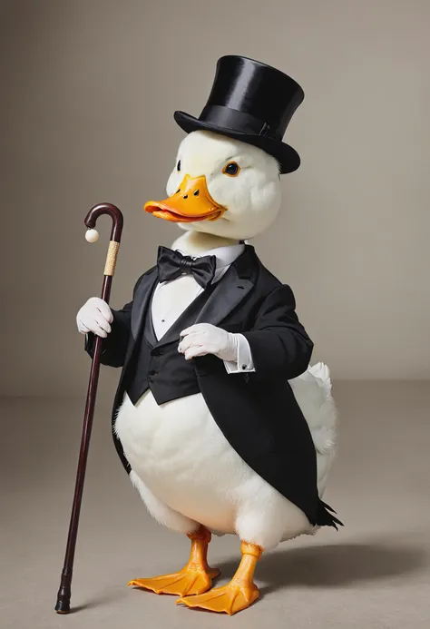 a white duck wearing a hat and wearing a black tuxedo holding a cane