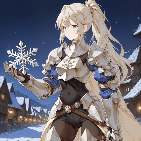 <lora:Final_Fantasy_Tactics_XLv2:1> a female knight in armor, ((thigh gap, pantyhose)), underboob, high ponytail, platinum blonde hair, 8k, intricate detail, cinematic lighting, amazing quality, amazing shading, Detailed Illustration, wallpaper, official art, extremely detailed eyes and face, beautiful detailed eyes, burnished silver, ((masterpiece, best quality)), from side, upper body, navel. The background is a town during winter, (the girl is holding a snowflake in her hands like she wants to protect it), light is emitting from the snowflake, it's like the only light source