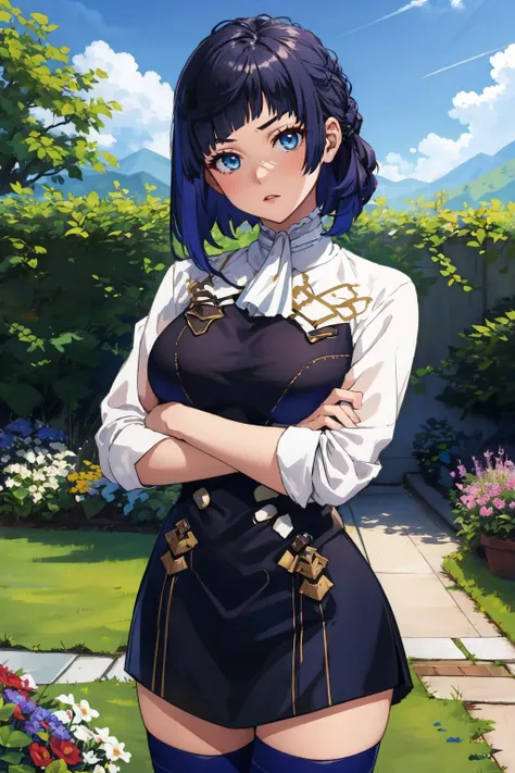 masterpiece, best quality, isekgiyelan, <lora:isekgiyelan:0.8> <lora:gmuniform2-nvwls-v1:1> gmuniform, blue thighhighs, head tilt, crossed arms, cowboy shot, garden