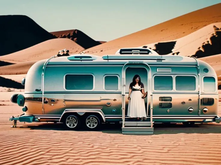 leavemealone woman standing next to a surrealistic trailer on american desert, random, professional photography, intricate detail, high quality, masterpiece  <lora:hjleavemealone_v10:0.75>