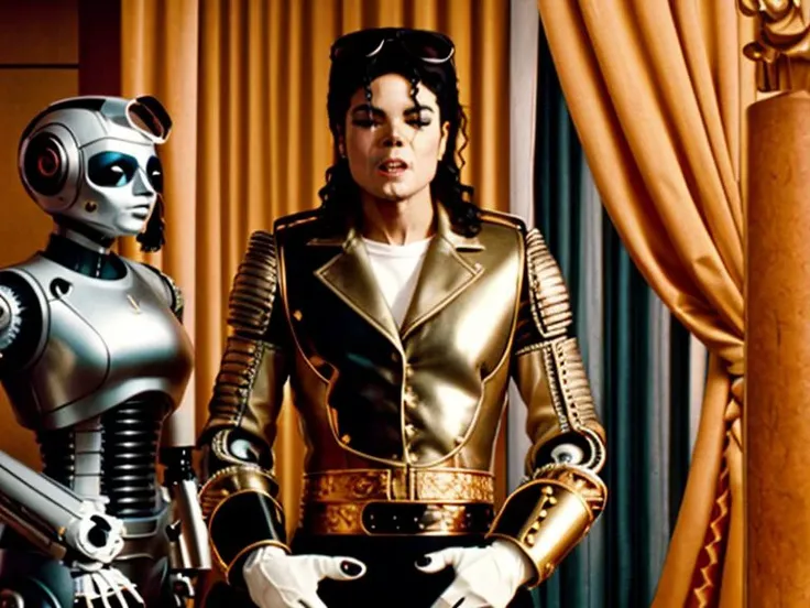 leavemealone michael jackson man posing with a robot in the hotel lobby, surrealistic, professional photography, intricate detail, high quality, masterpiece <lora:hjleavemealone_v10:0.75>