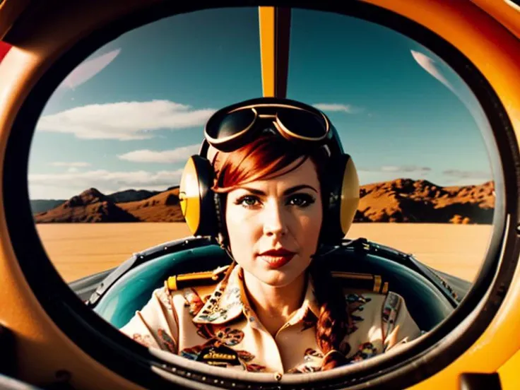 leavemealone redhead pilot woman in the cockpit of a biplane, random, professional photography, intricate detail, high quality, masterpiece <lora:hjleavemealone_v10:0.75>