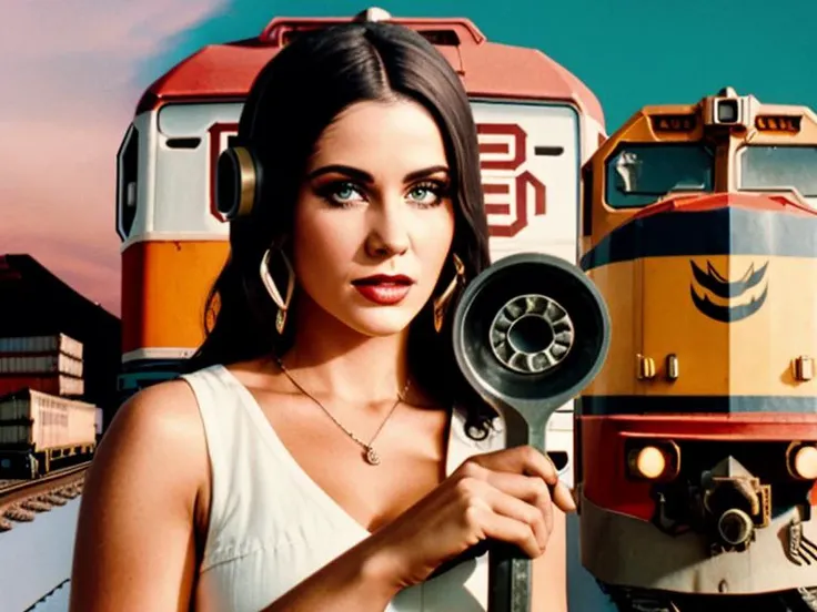 leavemealone blonde woman holding a wrench, freight train in the background, random, professional photography, intricate detail, high quality, masterpiece <lora:hjleavemealone_v10:0.75>