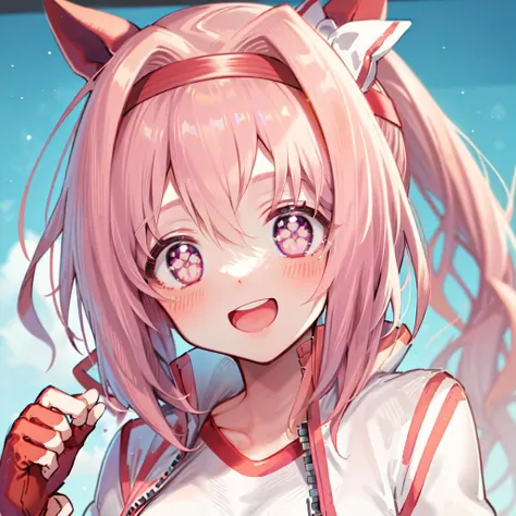 best quality, masterpiece, haru urara \(umamusume\), ponytail, ear covers, hair bow, long hair, red headband, fingerless gloves, red gloves, gym uniform, white shirt, track jacket, open jacket, symbol in eye, symbol-shaped pupils, <lyco:haru_urara_floral_loha-000010:0.7>, icon, portrait