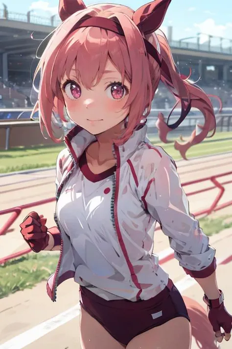 (masterpiece, best quality:1.1), 1girl solo, petite, flat chest, stretch, <lora:haru_urara_floral_loha:0.7>, haru urara \(umamusume\), red headband, fingerless gloves, red gloves, gym uniform, red buruma, a horse at the racetrack, track jacket