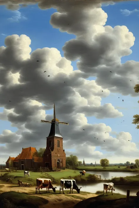 <lora:Salomon van Ruysdael Style:1>Salomon van Ruysdael Style - A landscape with grazing cows, blue sky with clouds above, in the distance a small town with a church and windmill, in the style of Dinnie Boogaard