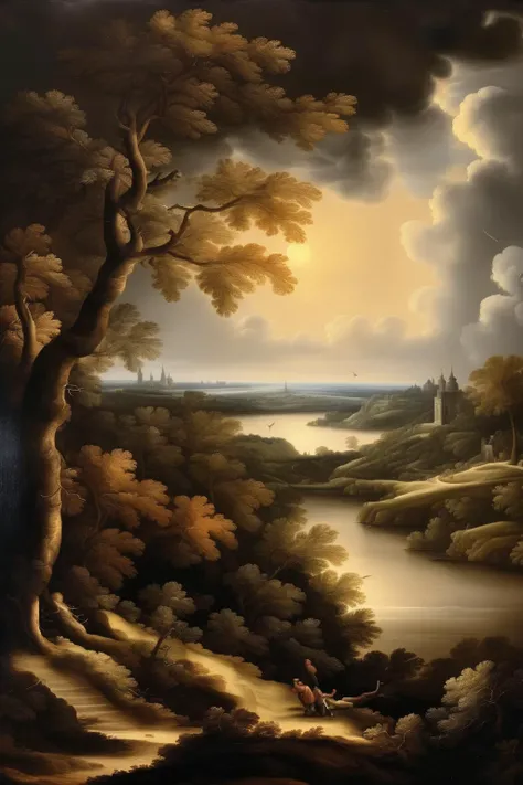 <lora:Salomon van Ruysdael Style:1>Salomon van Ruysdael Style - Landscape Art in Renaissance Style. Classical Depiction of Vistas and Horizons with Dramatic Light and Shadows. high resolution