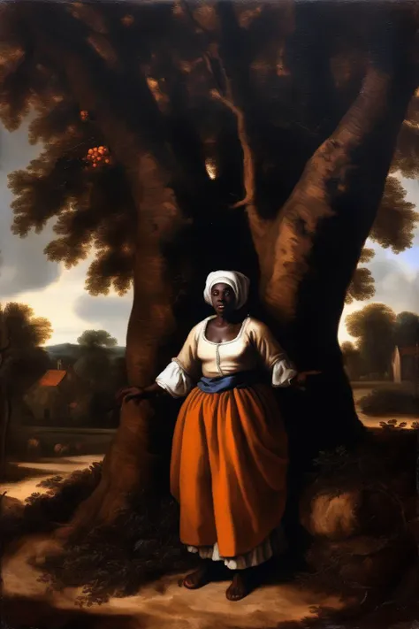 <lora:Salomon van Ruysdael Style:1>Salomon van Ruysdael Style - biblical dark skinned woman standing under tree in painterly style of Gabriel Metsu