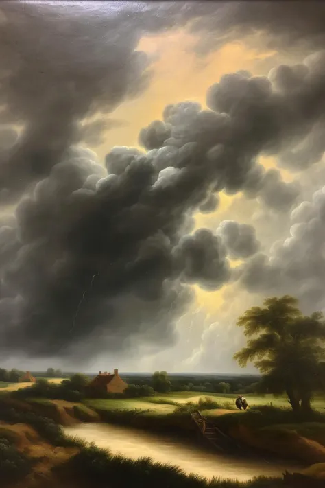 <lora:Salomon van Ruysdael Style:1>Salomon van Ruysdael Style - An Arbeitstrat fr Kunst oil painting of [a storm rolling in over an otherwise peaceful countryside]. In the style of 19th century German romanticism.