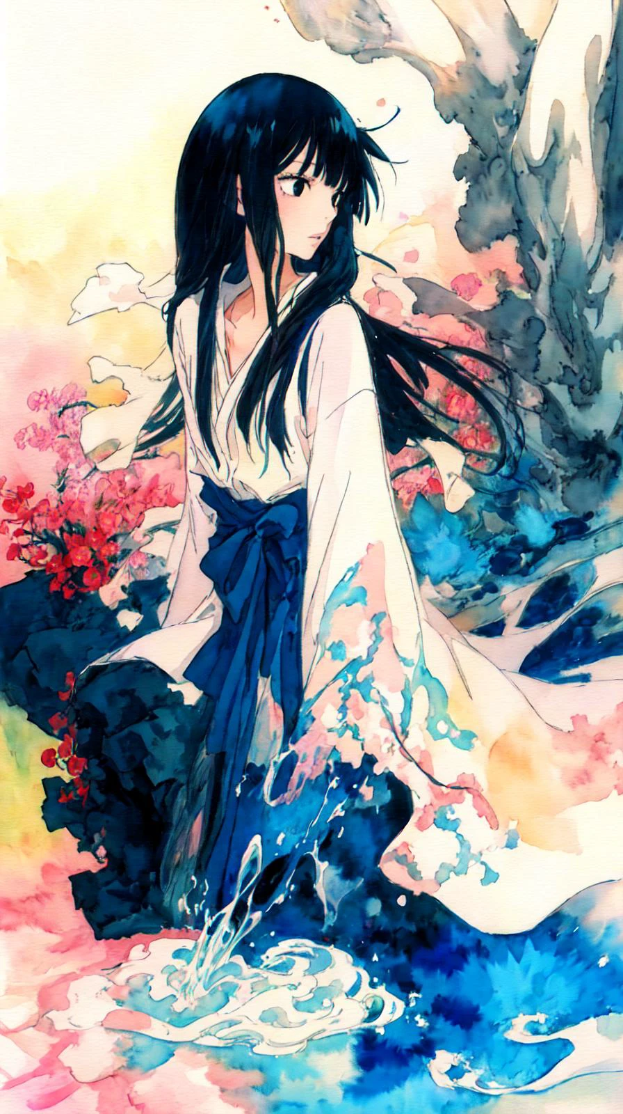 masterpiece, best quality,
<lora:SawakoV1:0.8> sawako, black hair, long hair, blunt bangs, black eyes, hime cut,
1girl,woman,
<lora:bmt2:0.9> shukezouma,(illustration:1.1),(best quality),(masterpiece:1.1), (solo:1.2),highres, (ink splashing),(watercolor),
