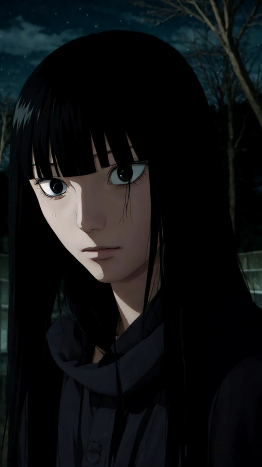 masterpiece, best quality,
<lora:SawakoV1:0.8> sawako, black hair, long hair, blunt bangs, black eyes, hime cut,
1girl,woman,
horror \(theme\), dark,night,