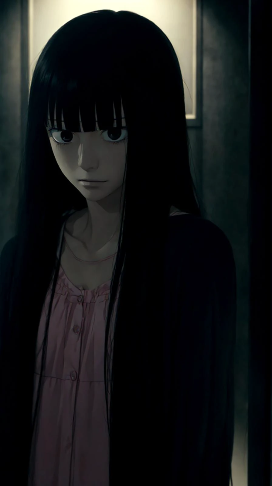 masterpiece, best quality,
<lora:SawakoV1:0.6> sawako, black hair, long hair, blunt bangs, black eyes, hime cut,
1girl,woman,
horror \(theme\), dark,night,