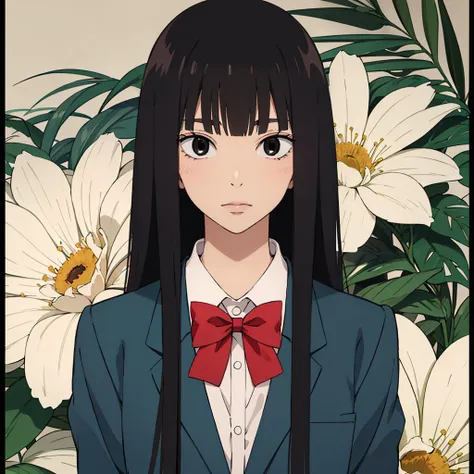 <lora:SawakoV1:0.6>,
sawako,black hair,long hair,blunt bangs,black eyes,hime cut,
school uniform,blazer,white shirt,red bowtie,collared shirt,long sleeves,
floral background,