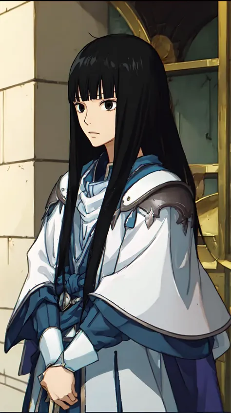 masterpiece, best quality,
 <lora:SawakoV1:0.8> sawako, black hair, long hair, blunt bangs, black eyes, hime cut,
[(anime screencap:1.2):0.34],
 <lora:FE15 LoCONv3:0.7> FE15, FE15-Style, Fire Emblem, Fire Emblem Shadows of Valentia,
white armor, paladin, knight,