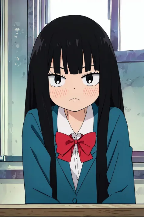 ((best quality)),((highly detailed)),masterpiece,absurdres,detailed face,beautiful face,((detailed eyes, deep eyes)),(1girl),((dynamic pose)),<lora:SawakoV1:0.9>chibi sawako, 1girl, black hair, solo, long hair, school uniform, blush, bangs, blunt bangs, jacket, black eyes, blazer, bow, red bow, shirt, hime cut, chibi, frown, bowtie, upper body, indoors, closed mouth, long sleeves, window, red bowtie, collared shirt, white shirt, clenched hands, blue jacket