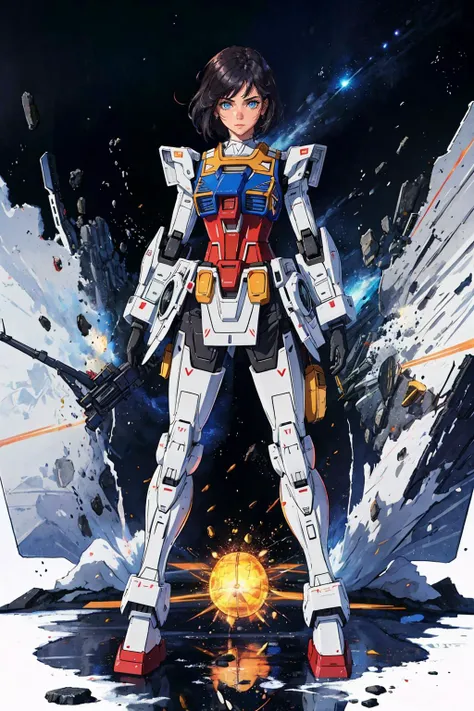 gundam\(rx78\), Ultra-realistic 8k CG, masterpiece, ((ultra-detailed background, delicate pattern, intricate details)), best quality, very detailed face, extremely detailed eyes and face, extremely detailed eyes,1girl, white background:0.8, solo, medium breasts, mecha armor:1.2, full body, short hair, black hair, blue eyes, sharp eyes, standing on extraterrestrial surface, Meteorite belt, explosion, dim lights,<lora:gundamRX782OutfitStyle_v10:0.53>, <lora:sunAndShadow_v10:0.4>