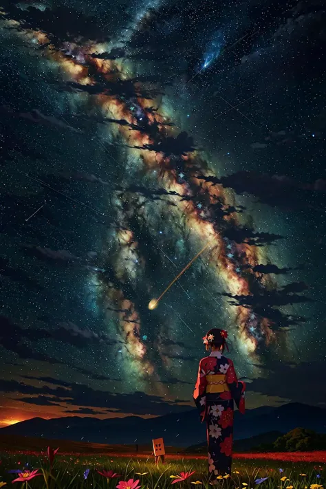 1girl, distant girl wearing a kimono staring at the stars, (zoomed out:1.1), (meteor shower:1.2), (comet:1.1), your name, low angle, from behind, aroura borealis, shooting star, yukata, red kimono, cherry blossoms, standing in a field,best quality, masterpiece, <lora:sunAndShadow_v10:0.7> cloud, colorful, starry,stars,