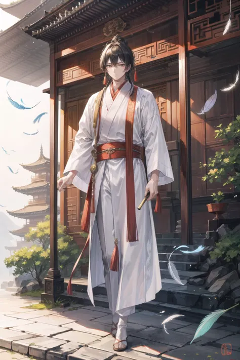 Zhou Dynasty, Chinese Emperor, palace, stone walkway, one male holding a sword, white silk robes, masterpiece, full body shot, feather fan, bridge, chinese pagoda and buildings, <lora:æ¦ä¾ V1:0.3>, <lora:LAS:0.4>, <lora:add_detail:0.6> <lora:hairdetailer:0.4>
