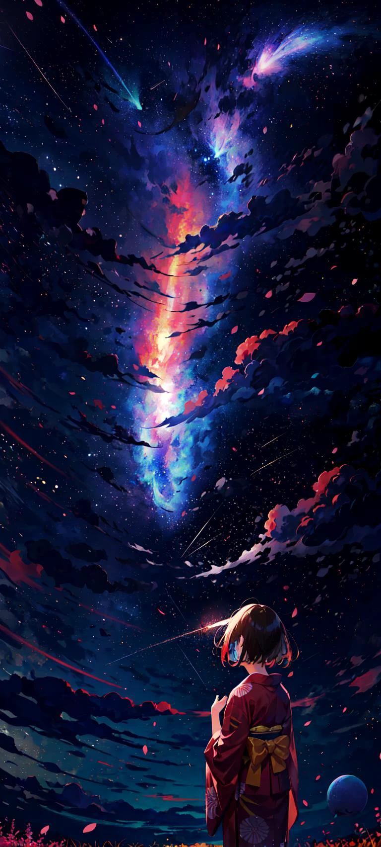 1girl, distant girl wearing a kimono staring at the stars, (zoomed out:1.1), (meteor shower:1.2), (comet:1.1), your name, low angle, from behind, aroura borealis, shooting star, yukata, red kimono, cherry blossoms, standing in a field,best quality, masterpiece, <lora:sunAndShadow_v10:0.7> cloud,colorful, starry,stars,