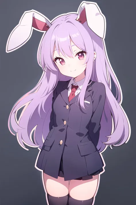 1girl,reisen udongein inaba,touhou, cowboy shot, purple hair,red eyes,black thighhighs,black legwear,((miniskirt)),closed mouth, light smile, round pupils, simple background,arms behind back,chibi,outline, <lora:BArtstyleREv3-CF3-Lion:0.9> ,blue theme ,