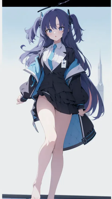 <lora:BArtstyleV9b-CF-Lion-GC-LBW:0.6>, (white background, blue sky:1.2) rooftop, tall building, girl, (1girl, standing),two side up, long hair, formal, yuuka, black uniform, black jacket , black skirt, off-shoulder jacket, multicolored jacket, looking at viewer, blue eyes, red_pupils official wallpaper, (cityscape), (white border, letterboxed, detailed background:1.5) (feet out of frame:1.5), <lora:yuukaDefault:1:LBW=CHARA>, halo