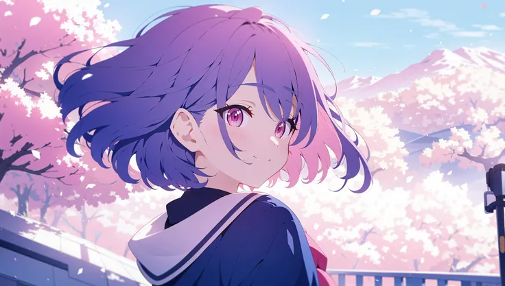 pink theme, <lora:BArtstyleV9b-CF-Lion-GC-LBW-000014:0.6>, upper body, girl, 1girl, red eyes, blue hair, short hair, smiling, a girl walking on street, from back, looking back, mountain, blue sky AND pink sky, cherry blossoms, looking at viewer, facing viewer, day, upper body,