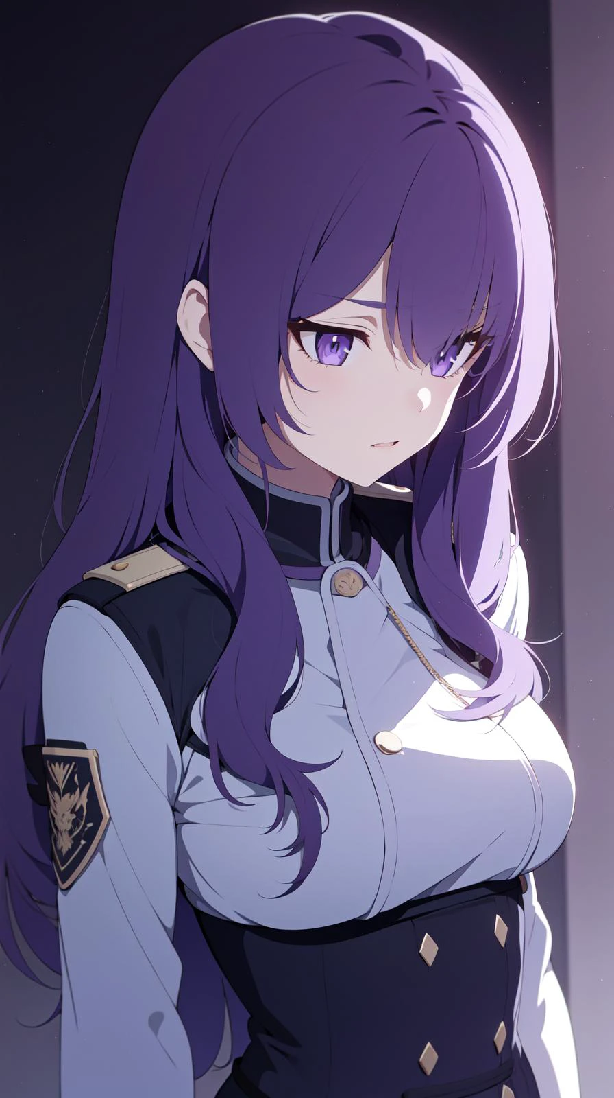 <lora:BArtstyleV9b-CF-Lion-GC-LBW-000014:0.8> ,1girl, girl, solo, upperbody, (purple theme), <lora:hiqcg_body_epoch:0.3> , uniform,