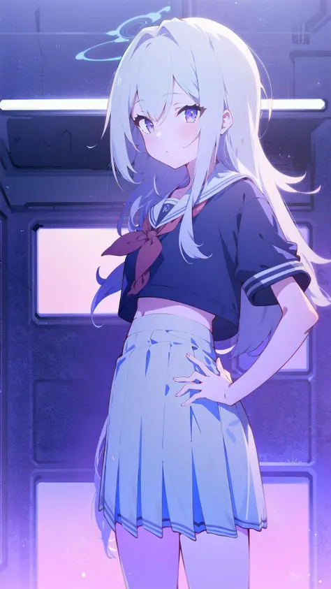 1girl, solo, <lora:BArtstyleREv3-Silicon29-Lion:0.8>, 1girl, solo, white hair, long hair, multicolored hair, school uniform, sweater, short sleeves, pleated skirt, standing, hand on hips, cropped legs, cowboy shot,, purple theme, indoors, sci-fi, screen,