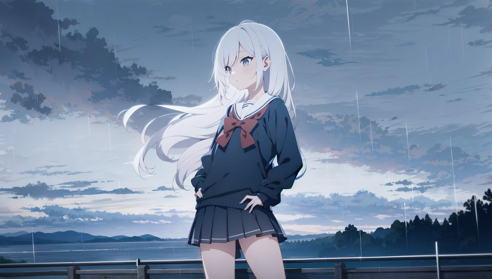 1girl, solo, <lora:BArtstyleREv3-CF3-Lion:0.8>, 1girl, solo, white hair, long hair, multicolored hair, school uniform, sweater, short sleeves, pleated skirt, standing, hand on hips, cropped legs, cowboy shot,, grey theme, sky, rain, cloudy, grey sky, outdoors,