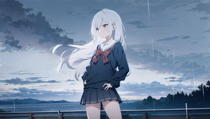 1girl, solo, <lora:BArtstyleREv3-CF3-Lion:0.8>, 1girl, solo, white hair, long hair, multicolored hair,  school uniform,  sweater, short sleeves, pleated skirt, standing, hand on hips, cropped legs, cowboy shot,, grey theme, sky, rain, cloudy, grey sky, outdoors,