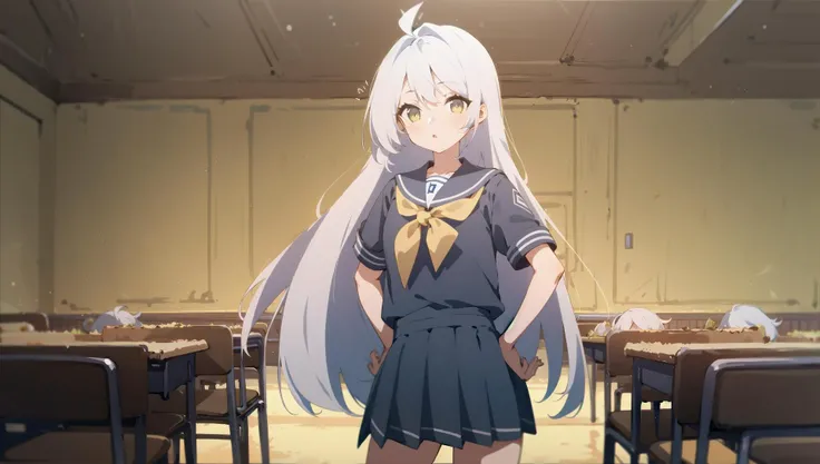 1girl, solo, <lora:BArtstyleREv3-Silicon29-Lion:0.8>, 1girl, solo, white hair, long hair, multicolored hair, school uniform, sweater, short sleeves, pleated skirt, standing, hand on hips, cropped legs, cowboy shot,, yellow theme, indoor, home restaurant, plate, dessert,