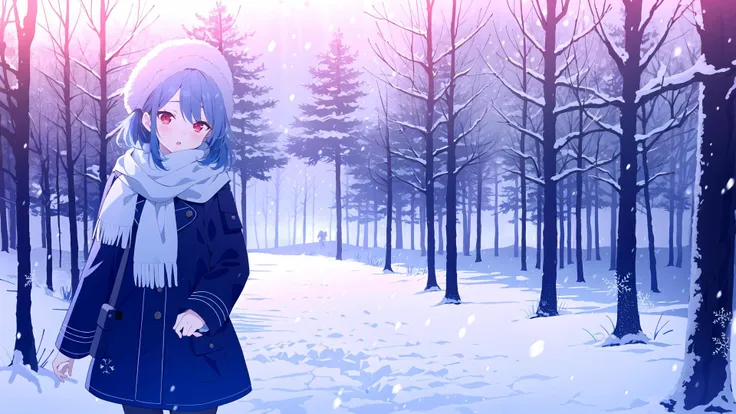 1girl, solo, <lora:BArtstyleREv3-Silicon29-Lion:0.7>,grey theme, Snow Combat Uniform, snowing, scarf, 1girl, blue hair, winter, red eyes, cloudy sky, snow, fog, forest, horizon, standing, ushanka, white clothes, pantyhose, blush,
