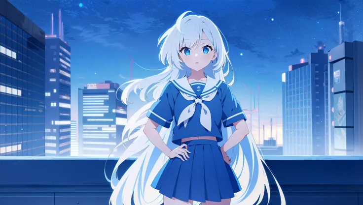 1girl, solo, <lora:BArtstyleREv3-CF3-Lion:0.8>, 1girl, solo, white hair, long hair, multicolored hair, school uniform, sweater, short sleeves, pleated skirt, standing, hand on hips, cropped legs, cowboy shot,, blue theme, night, building, outdoors, blue light,