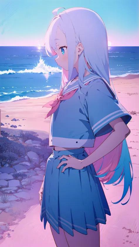1girl, solo, <lora:BArtstyleREv3-Silicon29-Lion:0.8>, 1girl, solo, white hair, long hair, multicolored hair,  school uniform,  sweater, short sleeves, pleated skirt, standing, hand on hips, cropped legs, cowboy shot,, pink theme, blue sky, white background, ocean, rim light, horizon, scenery,