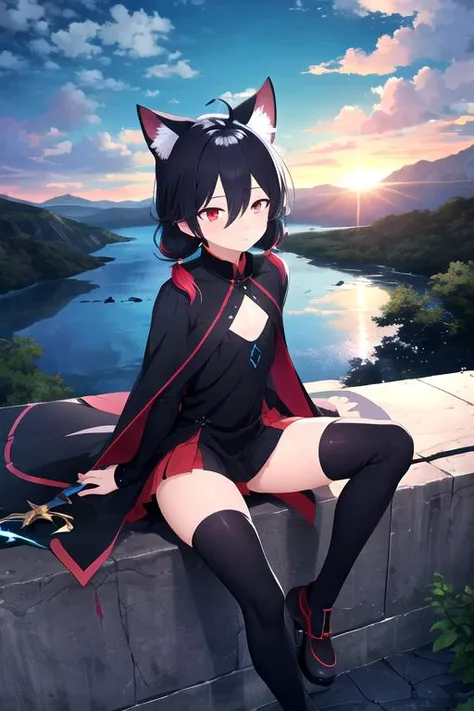 1girl, flat chest, short hair, black hair, ahoge, messy hair, payot, twintails, short twintails, animal ears, animal ear fluff, bat ears, bangs, hair between eyes, bat hair ornament, expressionless, empty eyes, red eyes, glowing eyes, black thighhighs, zettai ryouiki, boots, black footwear, Lost Helmet, Reaper's Robe, Nothren Shoes, Arisen Staff of Wolves, landscapes code, mountains 0s and 1s, fake plants an trees, digital sun sky and clouds, virtual oceans code flowing, floating lines of code text, virtual reality headsets visitors, Cubes and shapes cityscapes, masterpiece, best quality, official art, extremely detailed CG unity 8k wallpaper, artbook, yuzu-soft, kobuichi, muririn,
