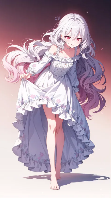 (masterpiece), (best quality),garden,forest,half close eyes,sunlight,sexually suggestive, side slit, ((gradient hair), white+(pink)+hair//), very long hair, bangs, (gradient eyes),
,solo, delicate face,red eyes, beautiful detailed eyes ,light smile, collarbone,white flower, hand between legs, (flower background:1.3)
hair between eyes,long hair, white hair,white dress,wavy hair,white Dress, Frilled Dress, Long Skirt, Puffy Skirt, Long Sleeves, full body, barefoot,
 <lora:BArtstyleV9b-CF-Lion-GC-LBW:0.7>  Pink Theme, <lora:more_details:0.6>