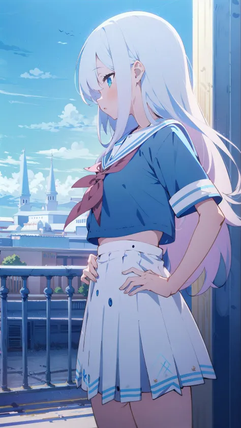 1girl, solo, <lora:BArtstyleREv3-Silicon29-Lion:0.8>, 1girl, solo, white hair, long hair, multicolored hair, school uniform, sweater, short sleeves, pleated skirt, standing, hand on hips, cropped legs, cowboy shot,, blue sky, day, outdoors, modern buildings, cityscape,