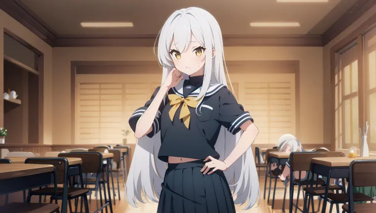 1girl, solo, <lora:BArtstyleREv3-CF3-Lion:0.8>, 1girl, solo, white hair, long hair, multicolored hair, school uniform, sweater, short sleeves, pleated skirt, standing, hand on hips, cropped legs, cowboy shot,, yellow theme, indoor, home restaurant, plate, dessert,