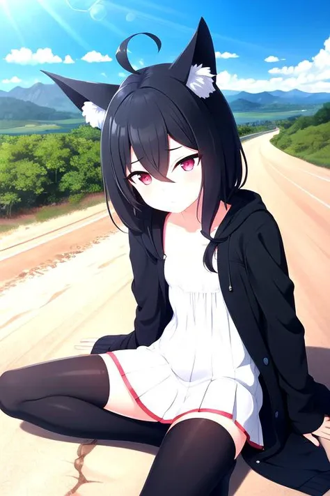 1girl, flat chest, short hair, black hair, ahoge, messy hair, payot, twintails, short twintails, animal ears, animal ear fluff, bat ears, bangs, hair between eyes, bat hair ornament, expressionless, empty eyes, red eyes, glowing eyes, white dress, short dress, pleated skirt, hooded jacket, black jacket, open jacket, open clothes, black hood, hood down, long sleeves, wide sleeves, sleeves past wrists, sleeves past fingers, black thighhighs, zettai ryouiki, boots, black footwear, desert, dirt road, dry, dust, empty, horizon, mountains, nature, outdoors, pebbles, road, sand, scenery, sky, sparse vegetation, stark, sunny, vast, vehicle tracks, blue sky, masterpiece, best quality, official art, extremely detailed CG unity 8k wallpaper, artbook, yuzu-soft, kobuichi, muririn,