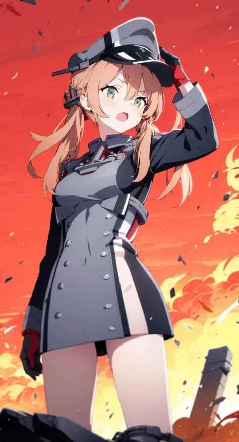 red theme, 1girl, Looking at viewer, red sky, standing on ruins, <lora:PrinzEugenFullTag1:0.9> green eyes, surprised, open mouth, low twintails, anchor, military uniform, peaked cap, gloves, anchor hair ornament,long sleeves, fire, war, <lora:BArtstyleV9b-CF-Lion-GC-LBW-000014:0.6:LBW=STYLE>, prinz eugen \(kancolle\), sunlight, cropped legs,