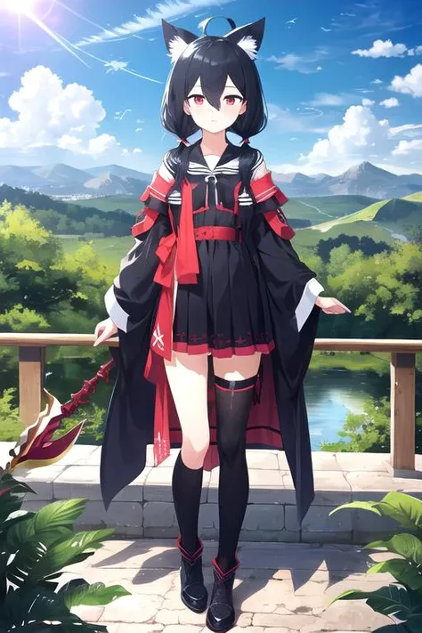 1girl, flat chest, short hair, black hair, ahoge, messy hair, payot, twintails, short twintails, animal ears, animal ear fluff, bat ears, bangs, hair between eyes, bat hair ornament, expressionless, empty eyes, red eyes, glowing eyes, black thighhighs, zettai ryouiki, boots, black footwear, Lost Helmet, Reaper's Robe, Nothren Shoes, Arisen Staff of Wolves, landscapes code, mountains 0s and 1s, fake plants an trees, digital sun sky and clouds, virtual oceans code flowing, floating lines of code text, virtual reality headsets visitors, Cubes and shapes cityscapes, masterpiece, best quality, official art, extremely detailed CG unity 8k wallpaper, artbook, yuzu-soft, kobuichi, muririn,