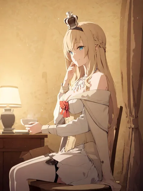 <lora:KC_Warspite:0.7>,(BAPV), (WarspiteOG), (yellow theme), warm smile, 1girl, solo, long hair, french braid, mini crown, hairband, off-shoulder dress, ribbon, necklace, rose, cleavage, corset, long sleeves, garter straps, thighhighs, bookshelf, on side, cup, scandinavian, winter night, (backlighting), sitting on wooden chair, looking at viewer, indoors, night, lamp, blue eyes, red ribbon, <lora:hiqcg_body_epoch:0.3> , Sitting with one hand on the cheek,